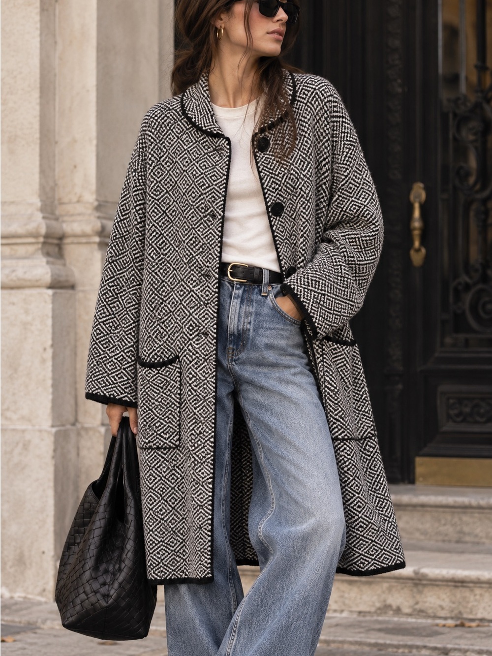 Vintage Giovanna Tricot Italy Mohair Wool Long Cardigan Coat Black White S/M